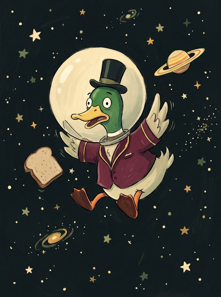 Cartoon Dick Duck in a top hat and space helmet, floating among the stars next to a slice of toast